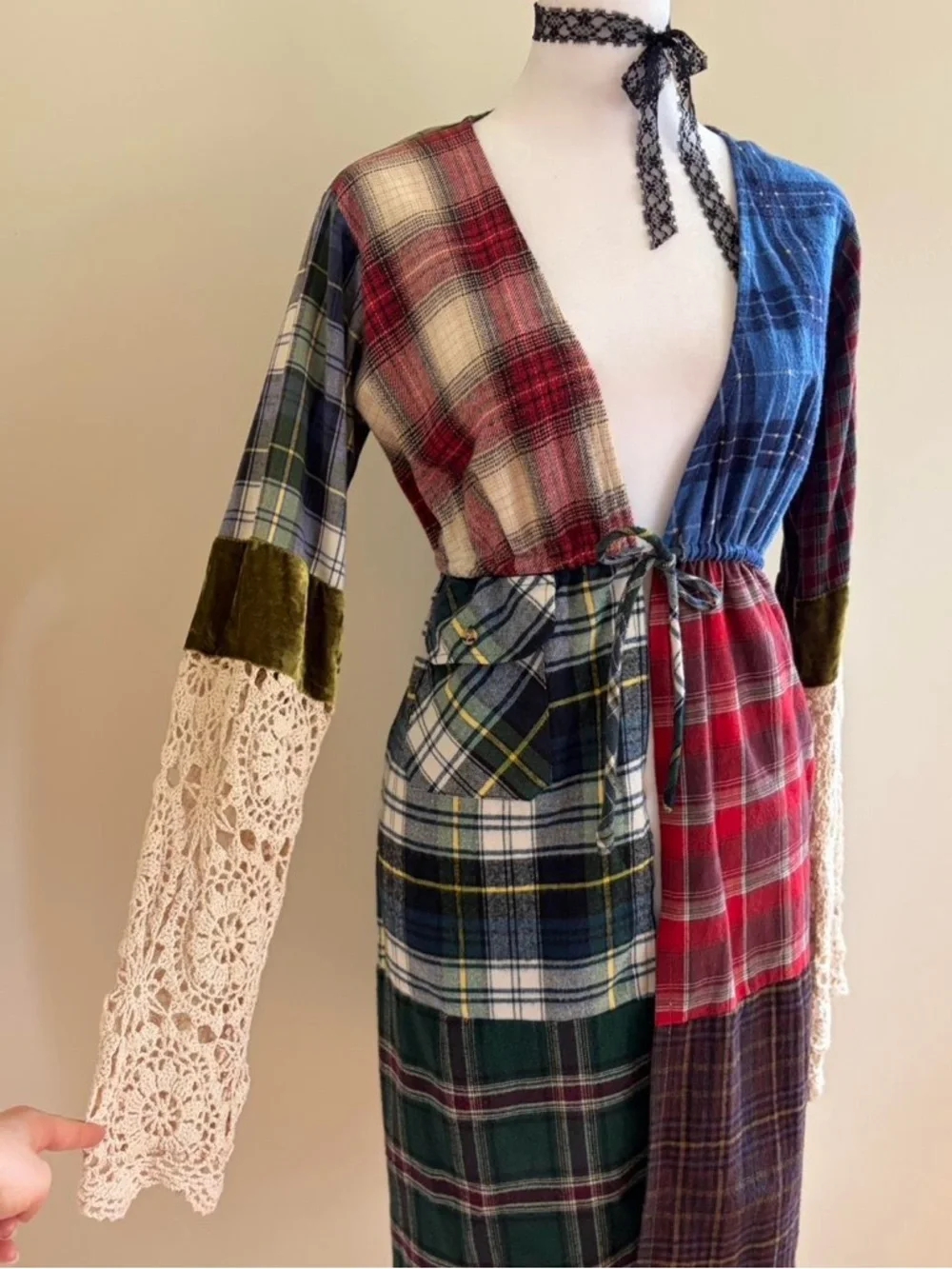 Vintage 90s patchwork crochet lace duster dress plaid grunge boho festival S-M - Picture 6 of 8
